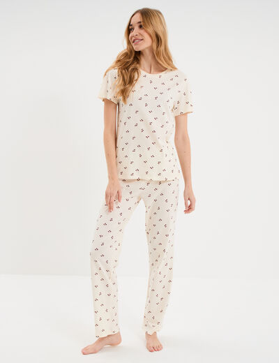 Ensemble pyjama t-shirt pantalon coton ecru femme