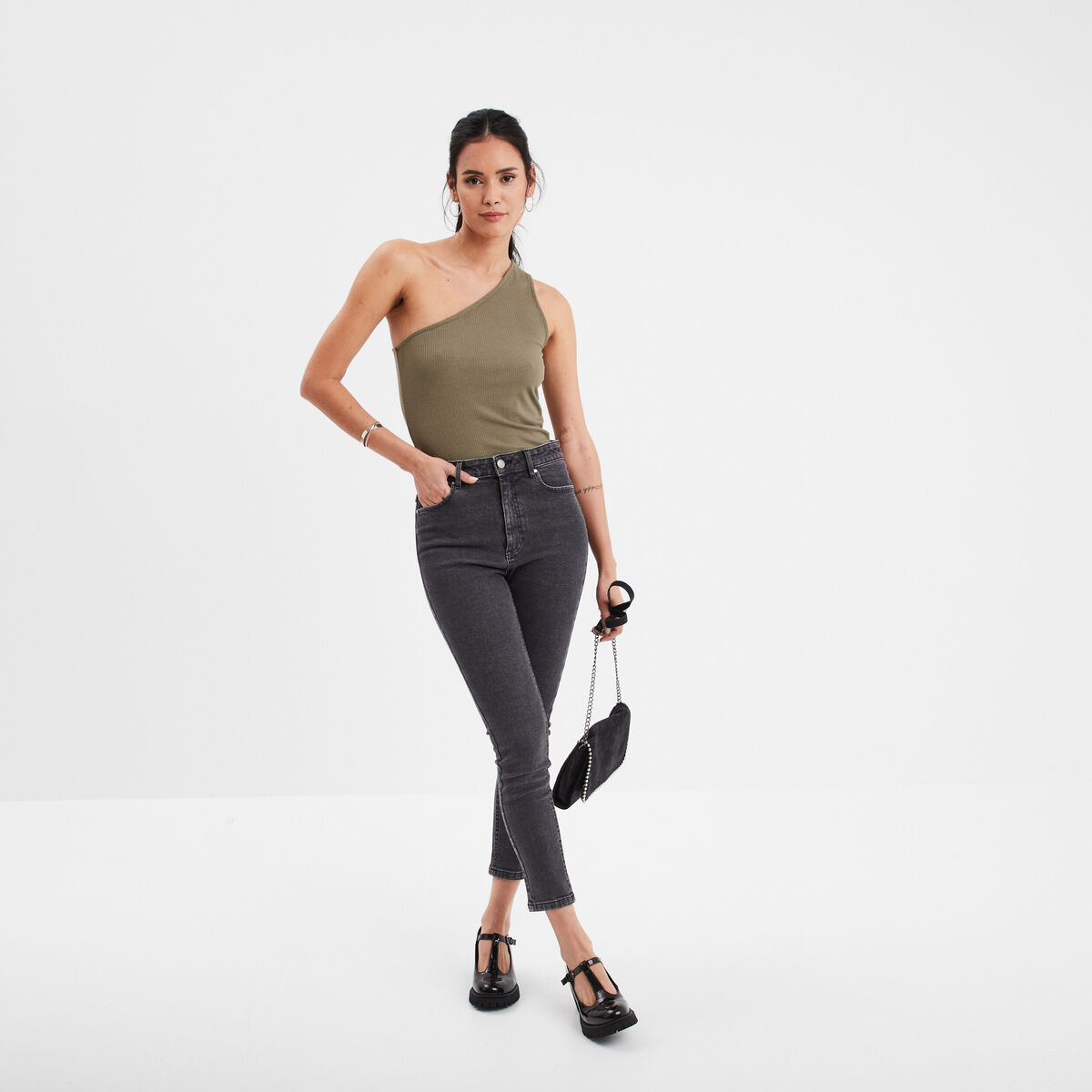 Débardeur asymétrique côtelé vert kaki femme