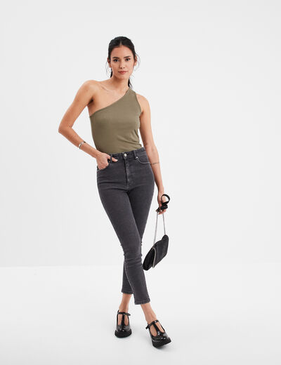 Débardeur asymétrique côtelé vert kaki femme