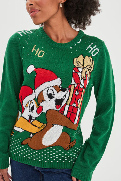Pull de Noël col rond Tic et Tac vert femme
