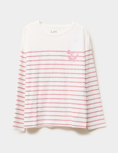 T-shirt coton col rond manches longues ecru fille