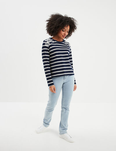 T-shirt manches longues avec broderie bleu marine femme
