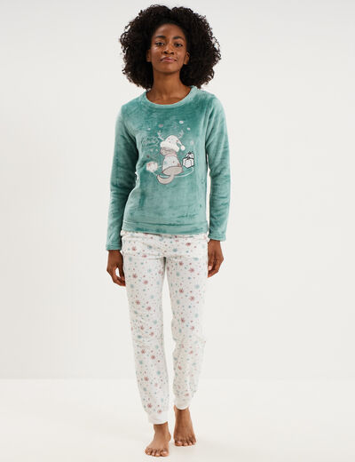 Ensemble pyjama pantalon effet velours bleu gris femme
