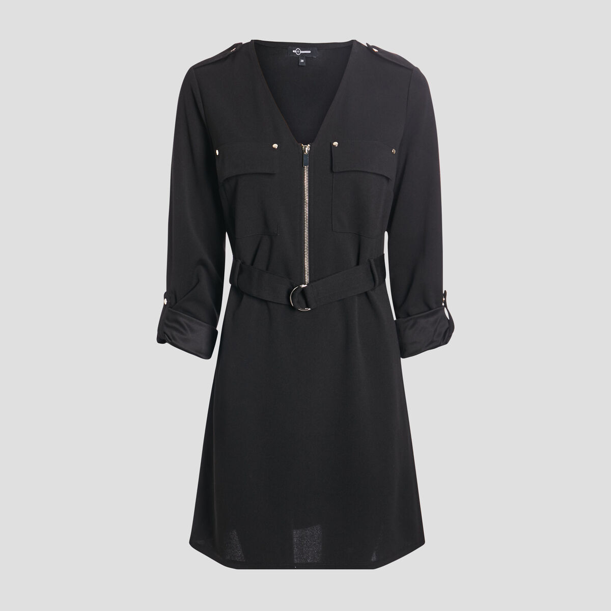 Robe trap&egrave;ze ceintur&eacute;e noir femme