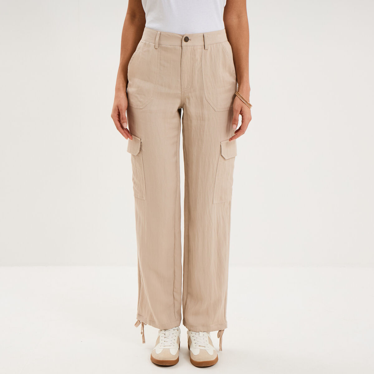 Pantalon cargo taille &eacute;lastiqu&eacute;e lyocell beige femme