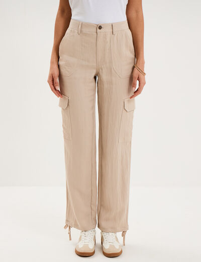 Pantalon cargo taille &eacute;lastiqu&eacute;e lyocell beige femme