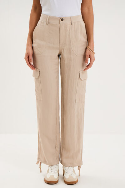 Pantalon cargo taille &eacute;lastiqu&eacute;e lyocell beige femme