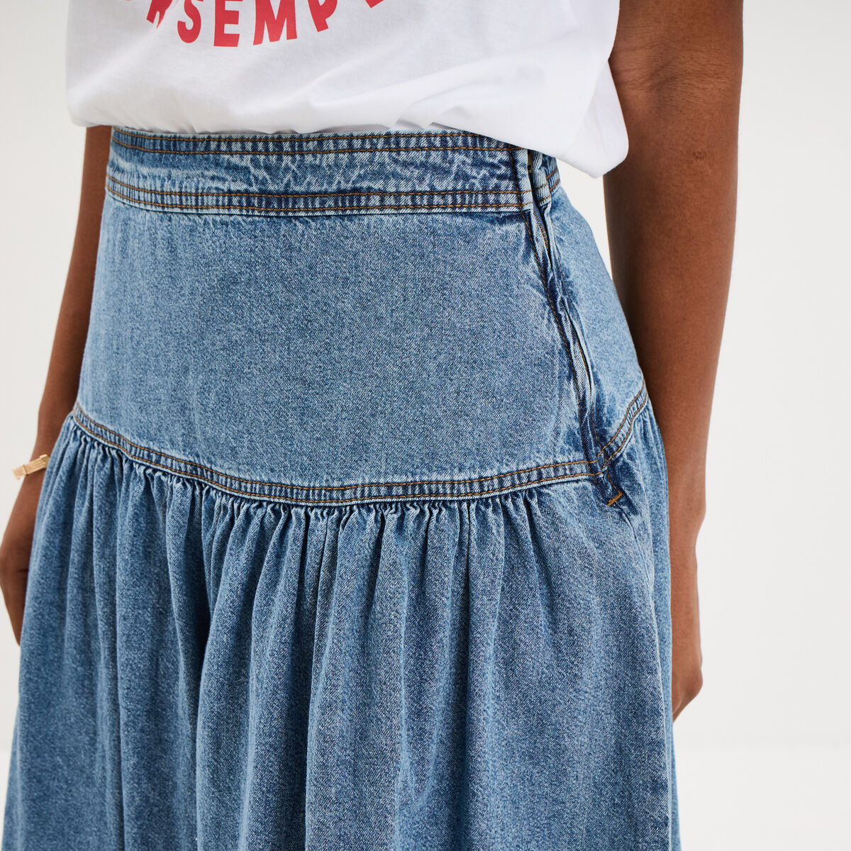 Jupe longue en jean large coton denim stone femme