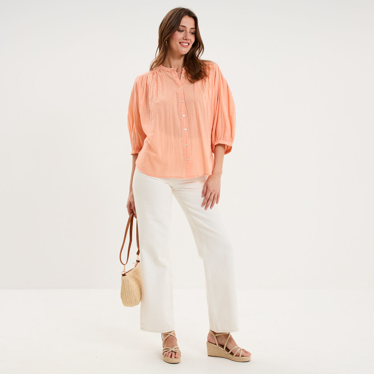 Blouse fluide oversize manches 3/4 coton rose saumon femme