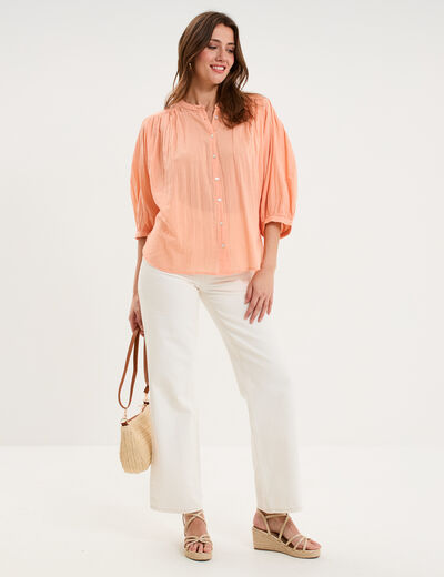 Blouse fluide oversize manches 3/4 coton rose saumon femme