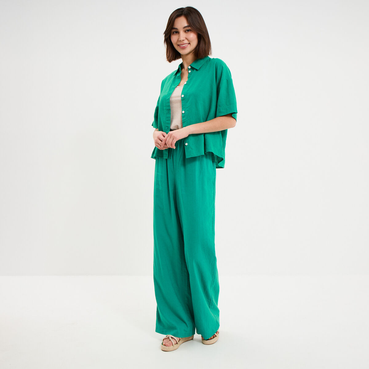 Pantalon large lin m&eacute;lang&eacute; vert canard femme