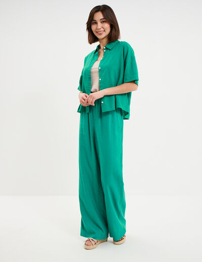 Pantalon large lin m&eacute;lang&eacute; vert canard femme