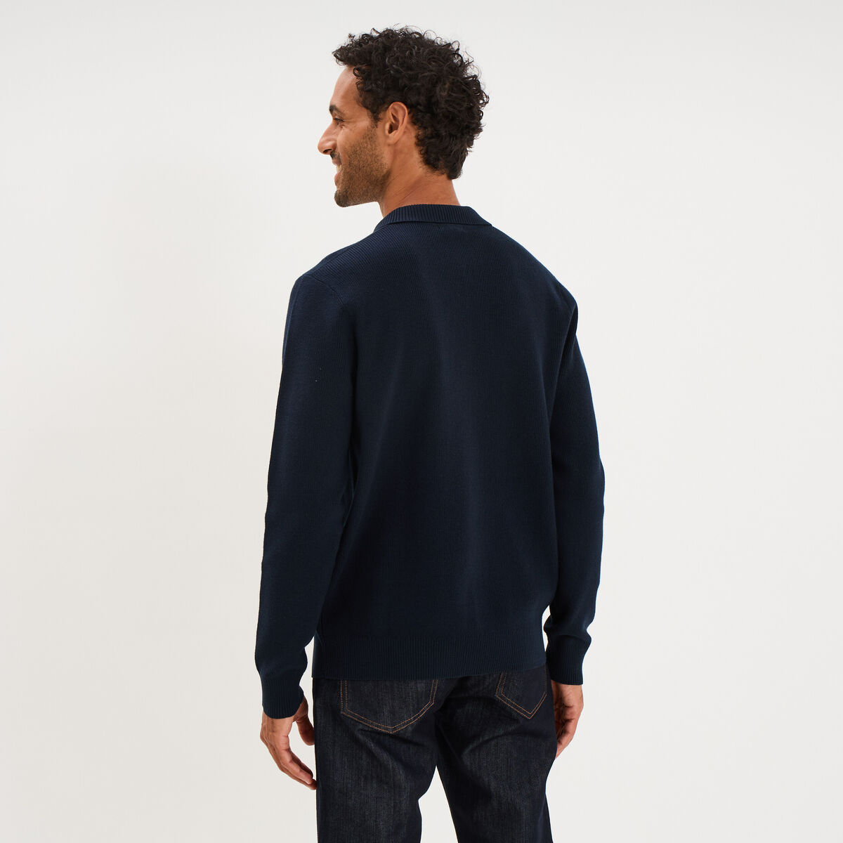 Pull col polo zipp&eacute; manches longues bleu marine homme