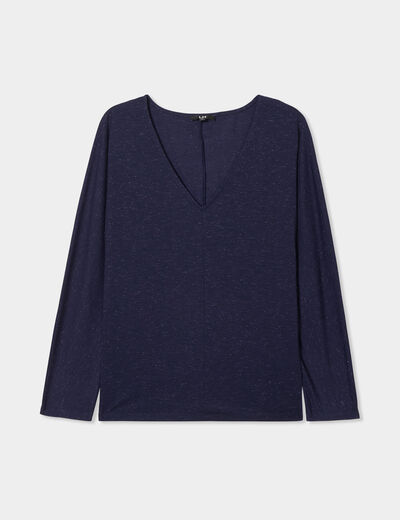 T-shirt col en V manches longues bleu marine femme