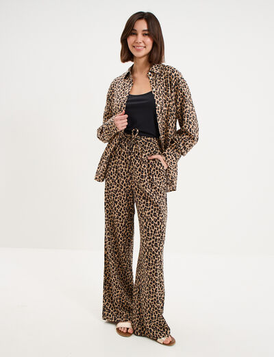 Pantalon large lin m&eacute;lang&eacute; beige clair femme