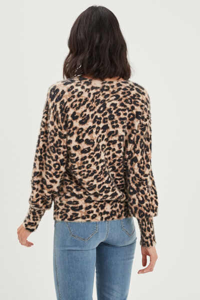 Pull col rond en fausse fourrure beige femme