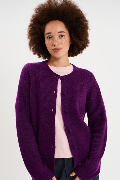 Gilet cardigan col rond boutonn&eacute; violet fonc&eacute; femme