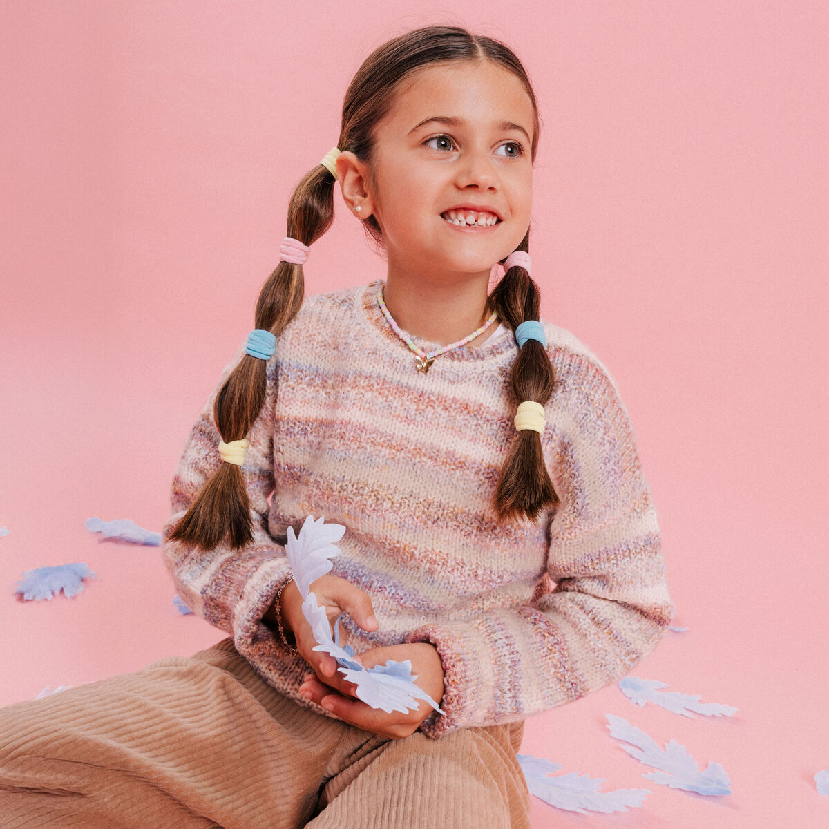 Pull col rond droit manches longues multicolore fille