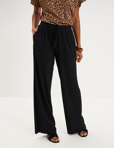 Pantalon effet pliss&eacute; large noir femme
