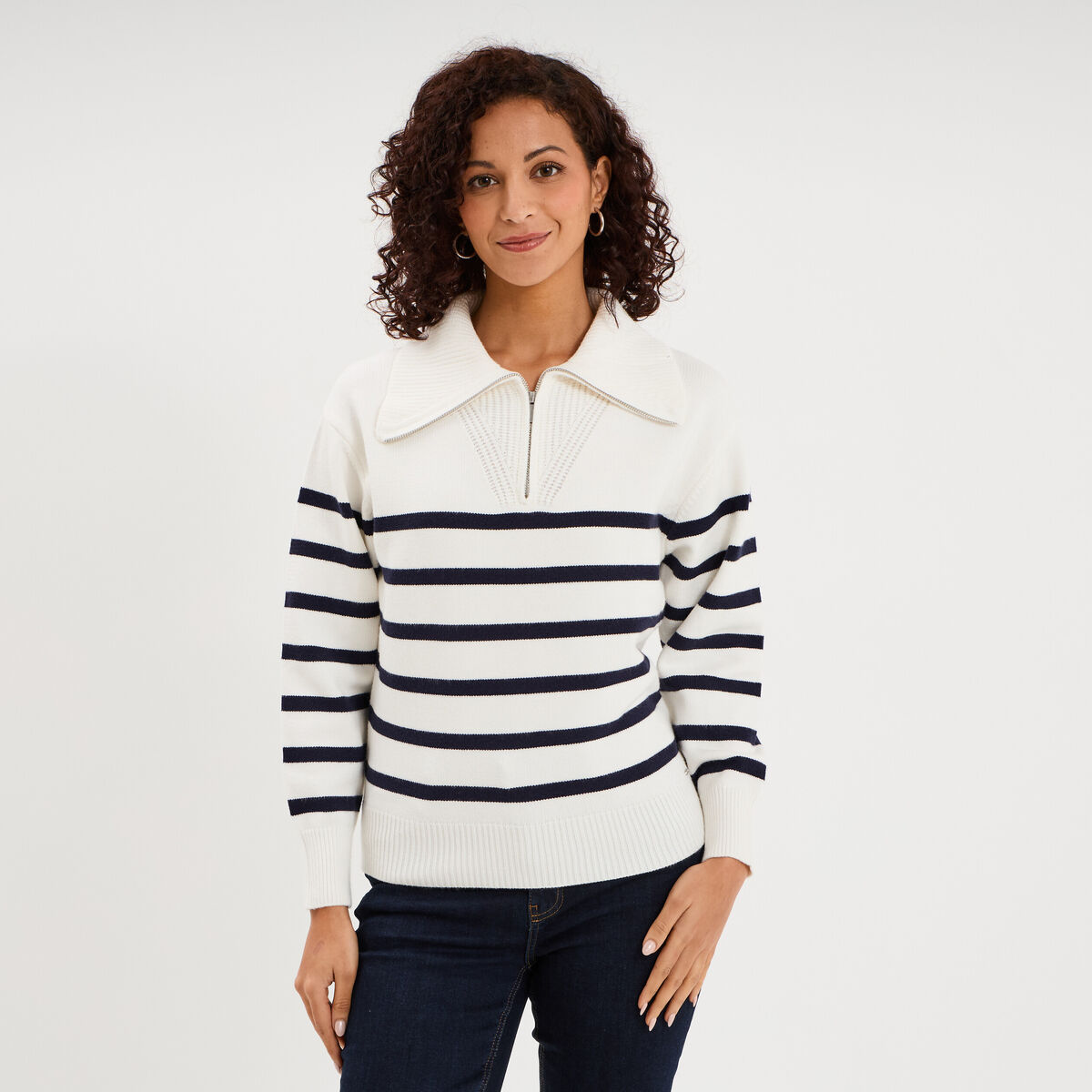 Pull col camionneur zipp&eacute; ecru femme