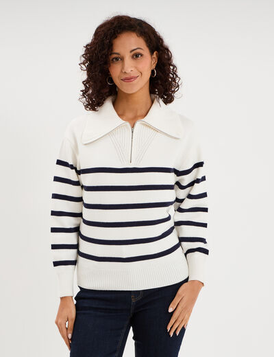 Pull col camionneur zipp&eacute; ecru femme