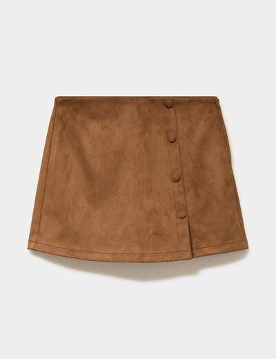 Mini-jupe short en su&eacute;dine boutonn&eacute;e camel femme