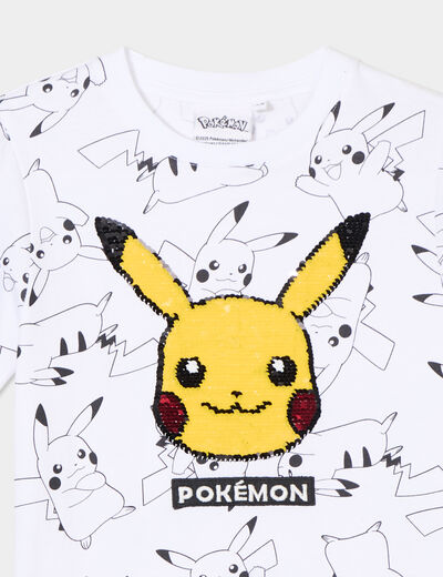 T-shirt sequins coton Pokémon Pikachu blanc garçon