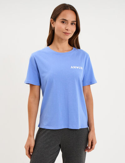 T-shirt col rond manches courtes coton bleu lavande femme