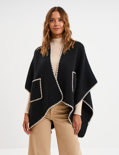 Poncho avec liser&eacute;s contrast&eacute;s noir femme
