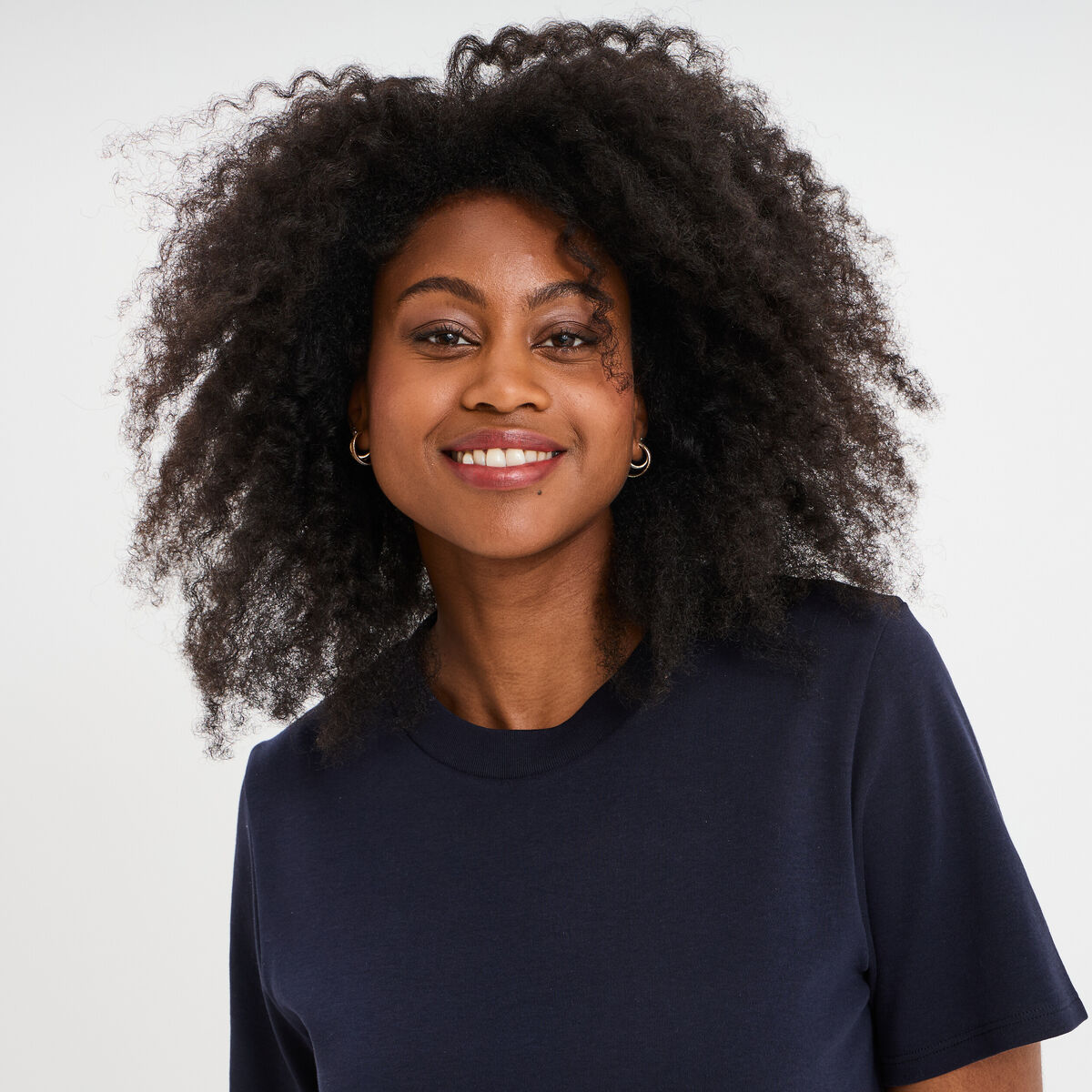 T-shirt col rond manches courtes coton bleu fonc&eacute; femme