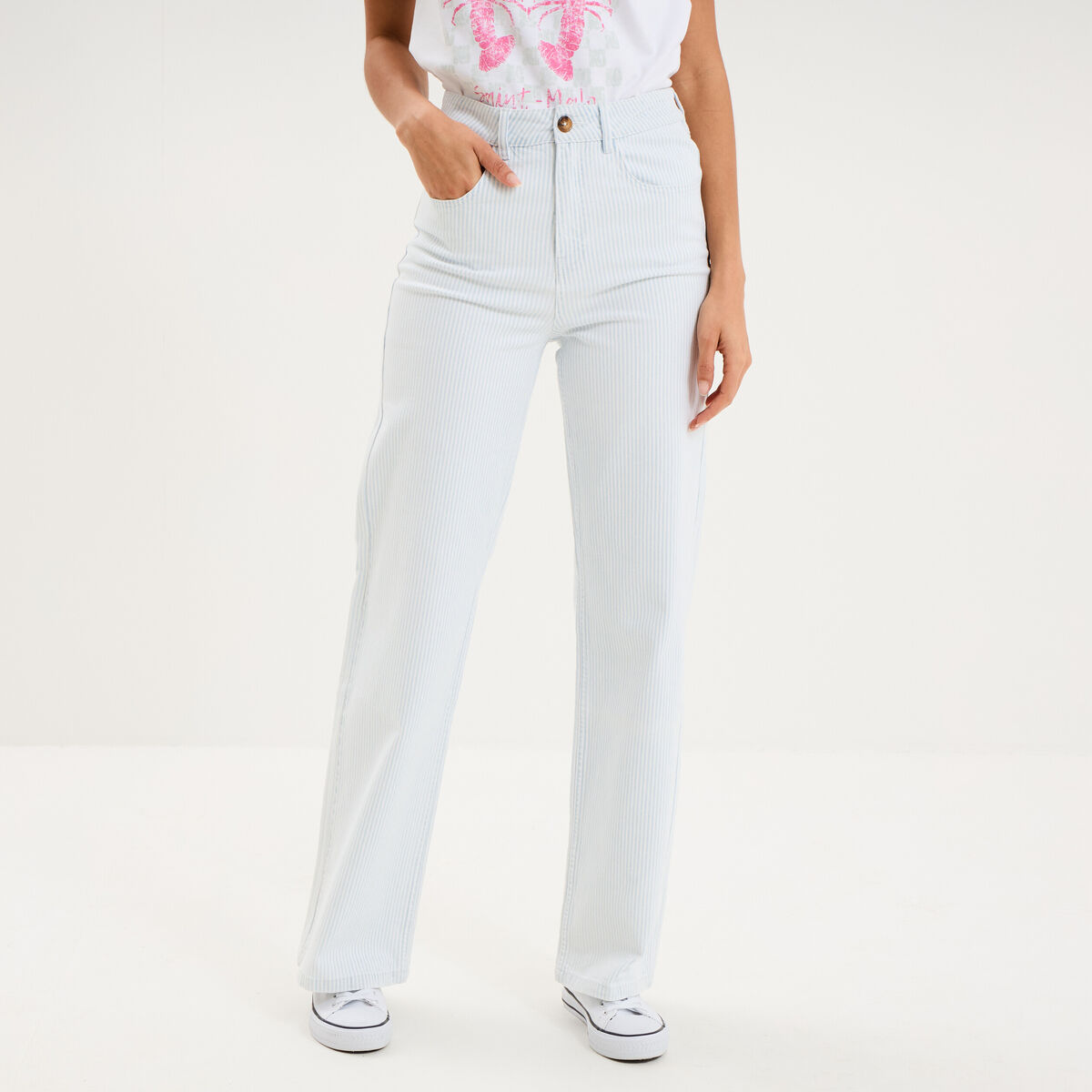 Jean droit taille haute coton blanc femme