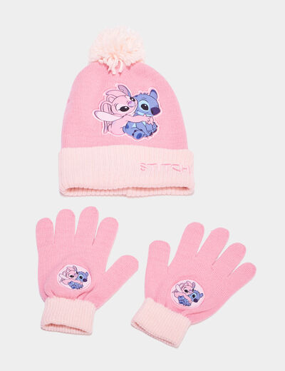 Ensemble bonnet à pompom et gants Stitch rose fille