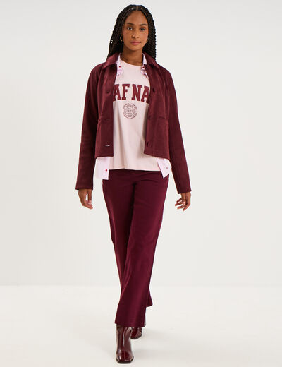Pantalon wide leg cropped &agrave; boutons violet fonc&eacute; femme