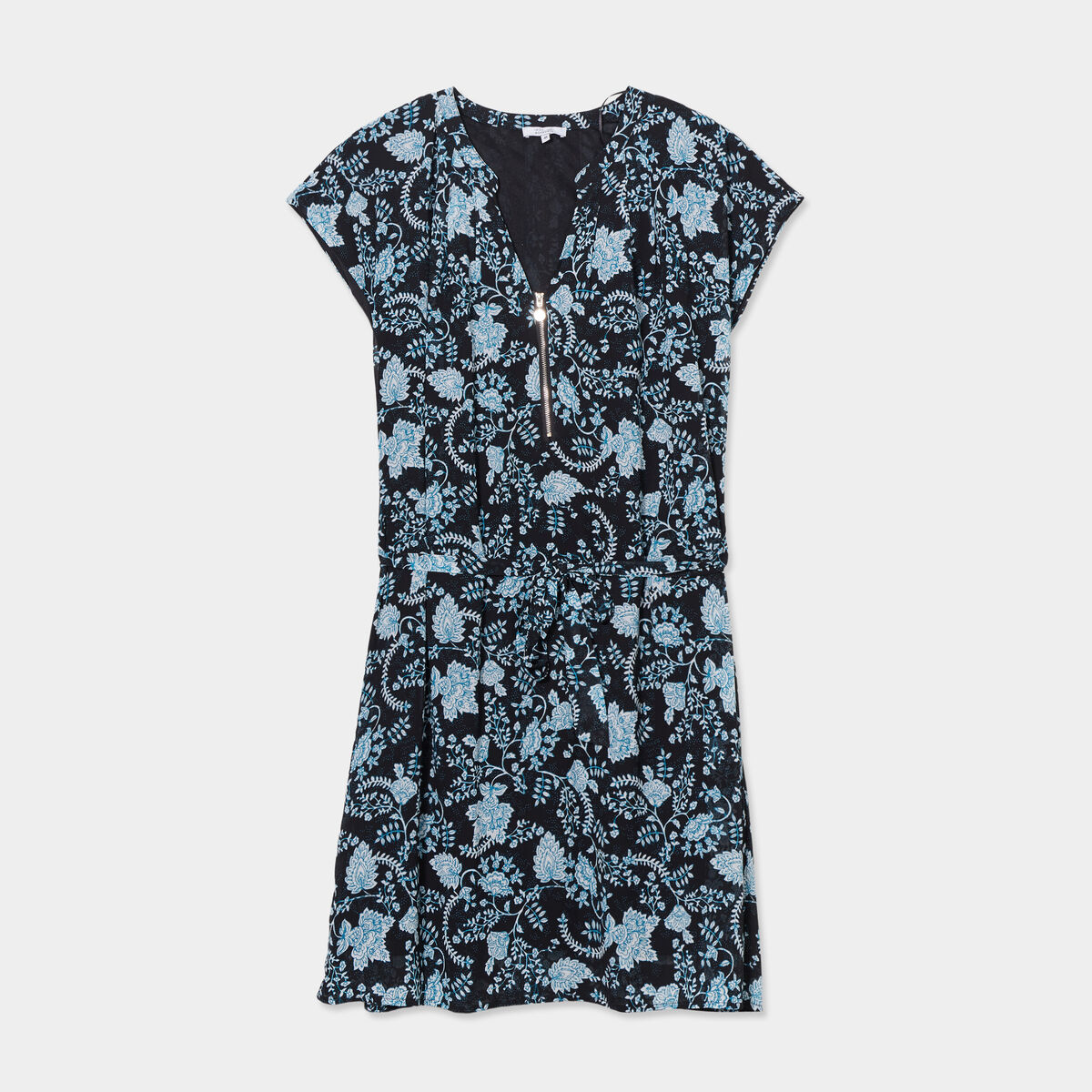 Robe courte ceinturée col zippé noir femme grande taille