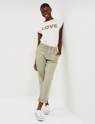 Pantalon paperbag cropped coton vert kaki femme