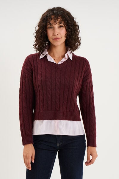 Pull torsades effet 2-en-1 chemise violet fonc&eacute; femme