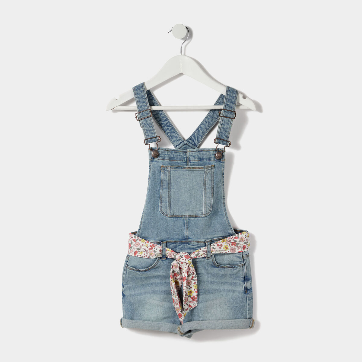 Salopette short ceinturée en jean denim double stone fille