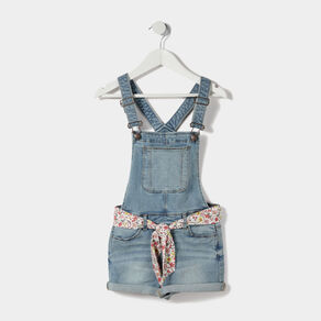 Salopette short ceinturée en jean denim double stone fille