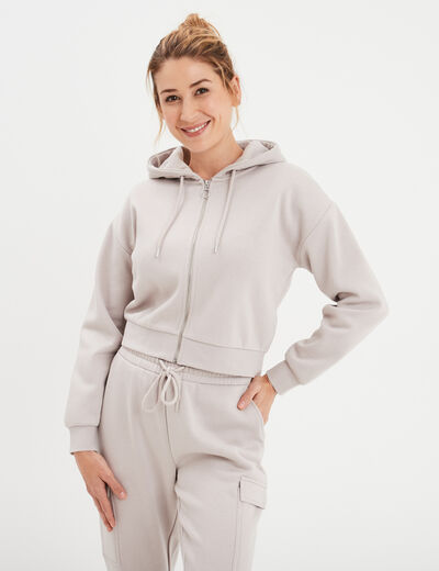Sweat zippé à capuche court gris clair femme