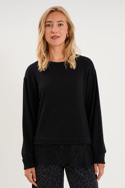 Pull col rond dentelle &agrave; la taille noir femme