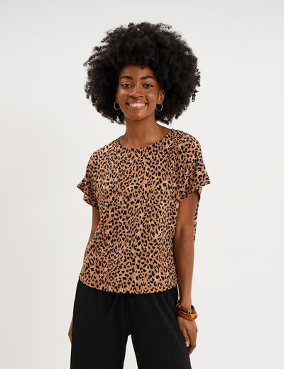 T-shirt gaufr&eacute; col rond manches courtes beige femme