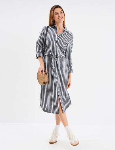 Robe chemise midi ceinturée coton bleu marine femme