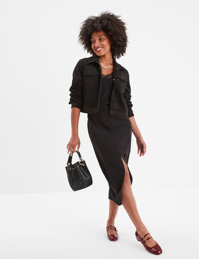 Jupe midi fendue poches plaquées côtés noir femme