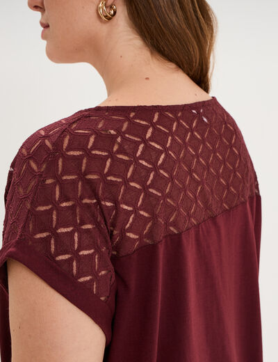 T-shirt droit avec dos dentelle oversize violet fonc&eacute; femme grande taille