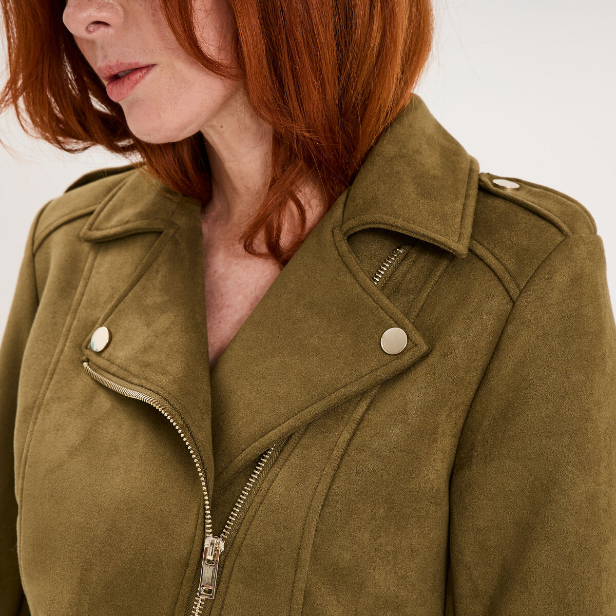 Veste biker en su&eacute;dine ajust&eacute;e vert kaki femme