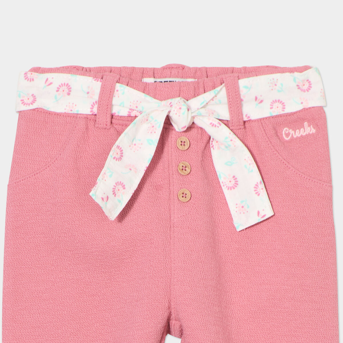 Pantalon cigarette en maille &agrave; ceinture vieux rose b&eacute;b&eacute; fille