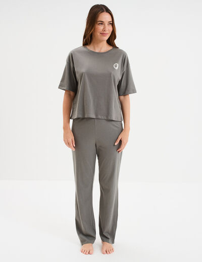 Ensemble pyjama pantalon et t-shirt vert kaki femme