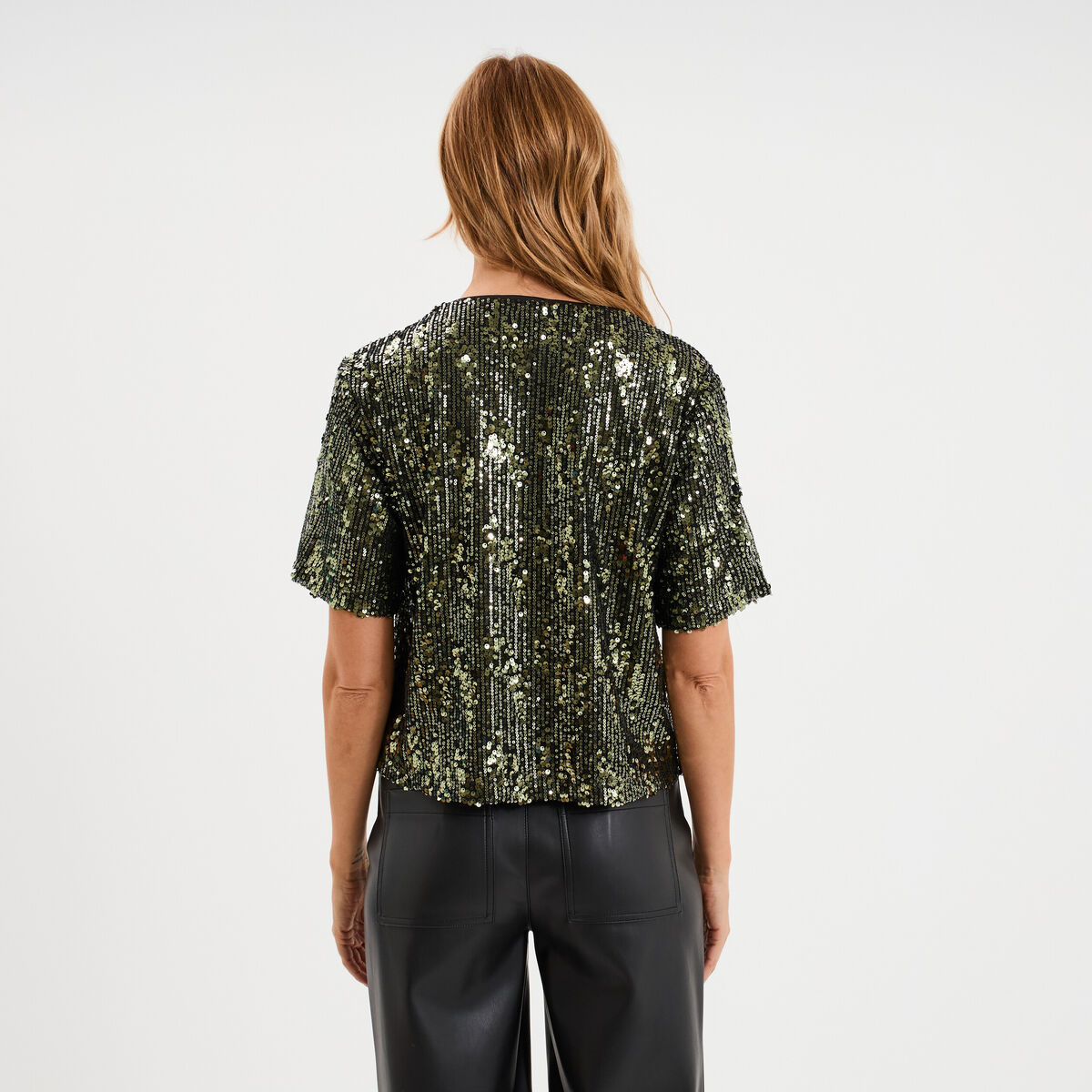 T-shirt &agrave; sequins manches courtes droit vert olive femme
