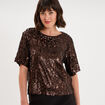 T-shirt &agrave; sequins manches courtes marron fonc&eacute; femme