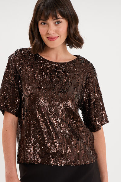 T-shirt &agrave; sequins manches courtes marron fonc&eacute; femme